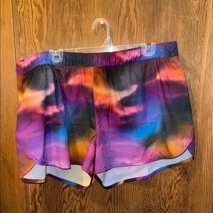 Old navy running shorts, orange, blue and purple pattern